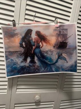 #2033: Unframed “13x19”Romantic Mermaid and Pirate Art Print - Ocean Blue